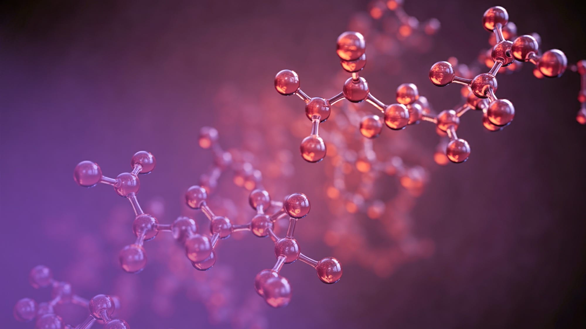 Translucent copper-toned 3D ball-and-stick peptide molecule chains floating in a violet field